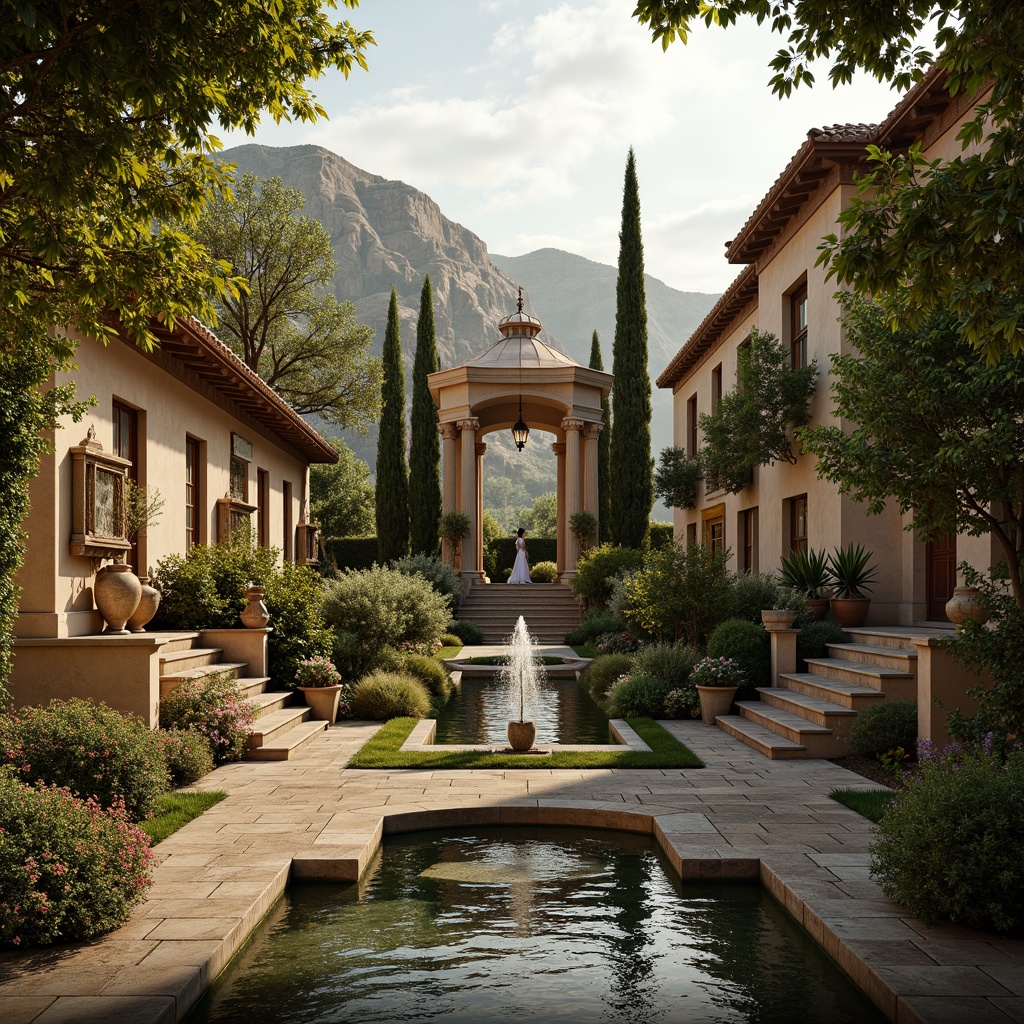 Prompt: Lush Italian gardens, ornate fountains, grand staircases, Tuscan columns, archways, domed roofs, rustic stone walls, vine-covered trellises, blooming flowers, serene water features, natural stone pathways, classical sculptures, Baroque-inspired ornaments, warm golden lighting, soft focus, 1/2 composition, atmospheric perspective, realistic textures, ambient occlusion.