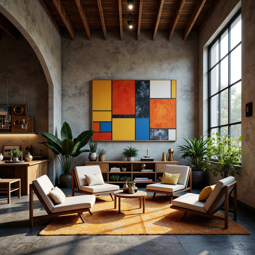 Prompt: Vibrant artistic studio, eclectic furniture, abstract artwork, bold color blocking, contrasting textures, rich wood accents, industrial metal fixtures, natural stone flooring, oversized windows, soft diffused lighting, warm atmospheric ambiance, 3/4 composition, shallow depth of field, realistic renderings, ambient occlusion.