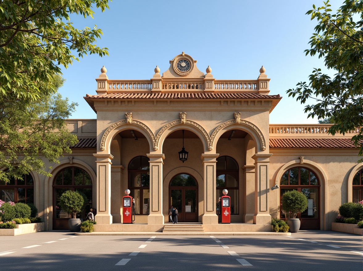 Prompt: Ornate gas station facade, Renaissance-inspired architecture, grand arches, ornamental columns, intricate stone carvings, decorative cornices, rusticated quoins, symmetrical composition, classical proportions, warm beige stonework, terracotta roof tiles, elegant signage, vintage fuel pumps, nostalgic lanterns, lush greenery, blooming flowers, sunny day, soft warm lighting, shallow depth of field, 3/4 composition, panoramic view, realistic textures, ambient occlusion.