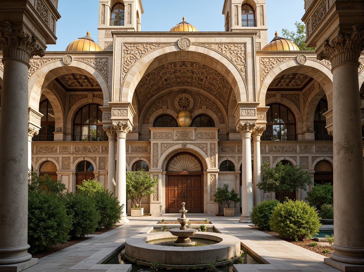 Prompt: Intricate stone carvings, ornate golden domes, majestic archways, grand entrance gates, rustic wooden doors, vibrant mosaic patterns, richly textured stonework, Byzantine-inspired frescoes, serene courtyard gardens, tranquil fountain features, soft warm lighting, shallow depth of field, 3/4 composition, panoramic view, realistic textures, ambient occlusion.