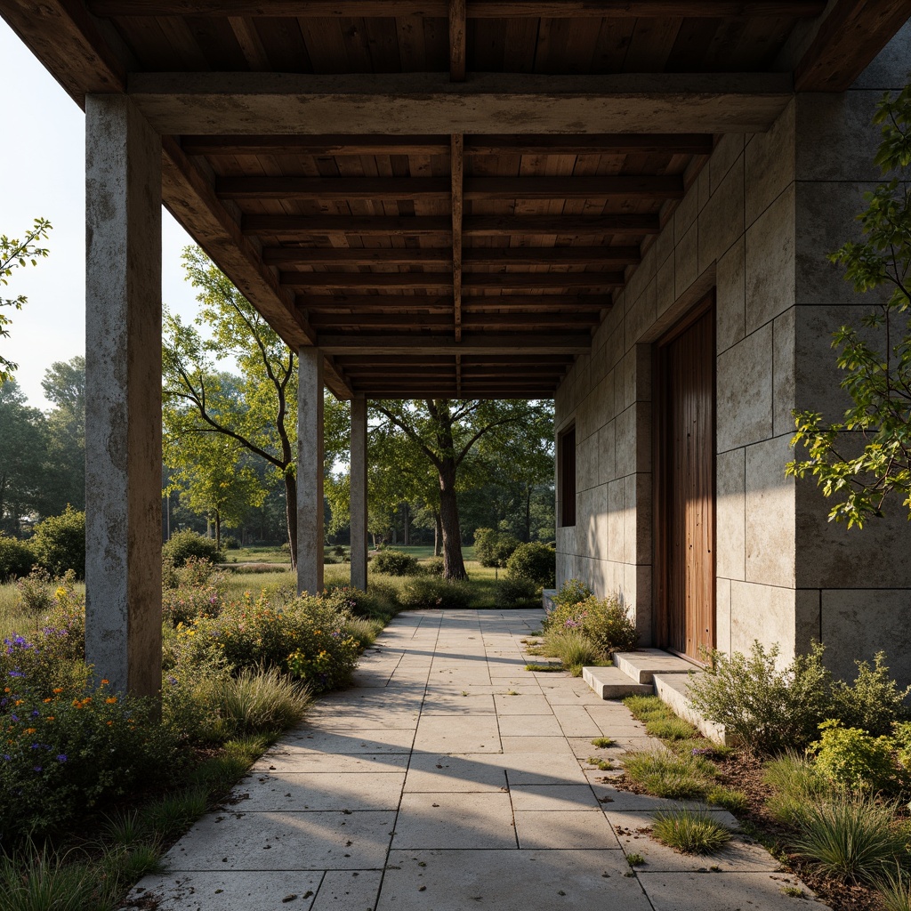 Prompt: Rugged pavilion, brutalist architecture, rough-hewn stone walls, exposed concrete columns, weathered wooden accents, industrial metal beams, distressed finishes, tactile roughness, organic natural forms, earthy color palette, moss-covered surfaces, overgrown vegetation, dramatic shadows, high-contrast lighting, cinematic atmosphere, 1/2 composition, low-angle shot, gritty realistic textures, ambient occlusion.