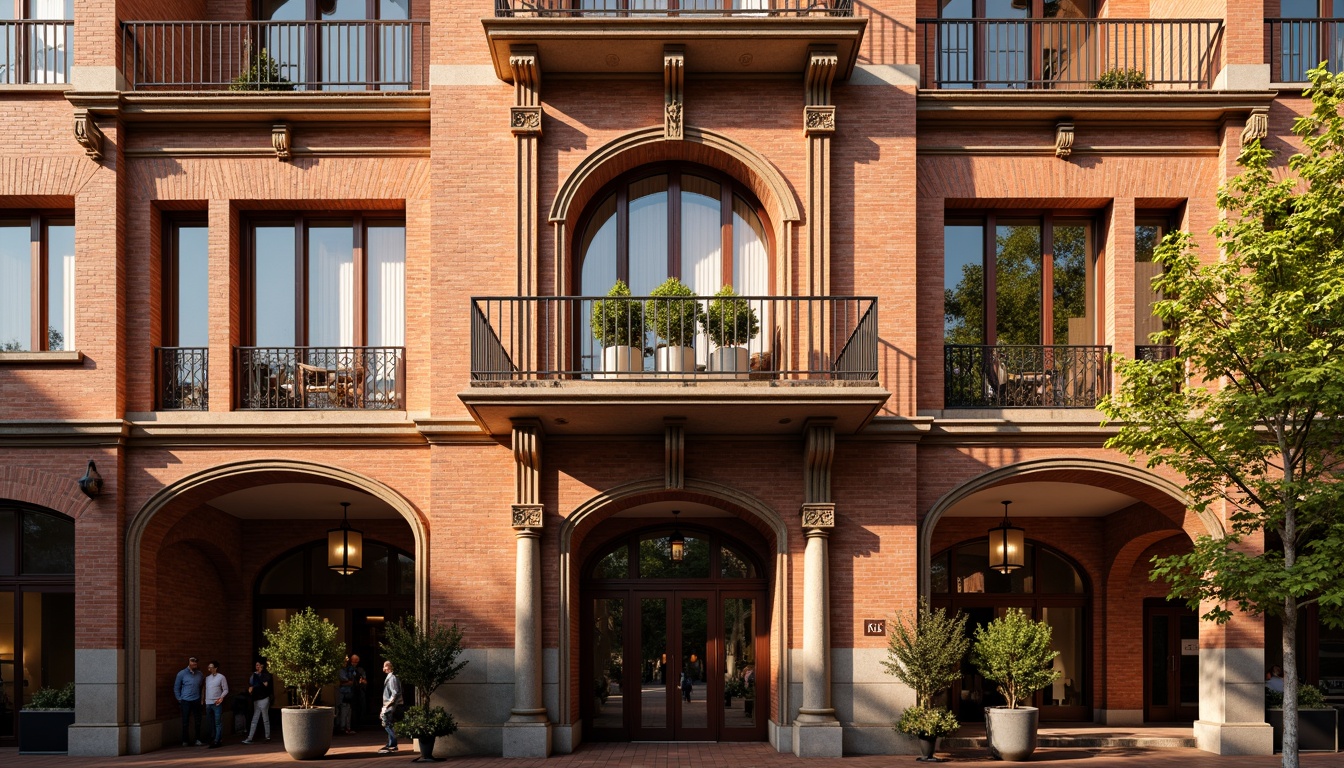 Prompt: Renaissance-style building facade, ornate brick patterns, rustic red brick walls, arched windows, classical columns, ornamental cornices, grand entranceways, symmetrical composition, warm golden lighting, shallow depth of field, 1/1 aspect ratio, realistic textures, ambient occlusion.