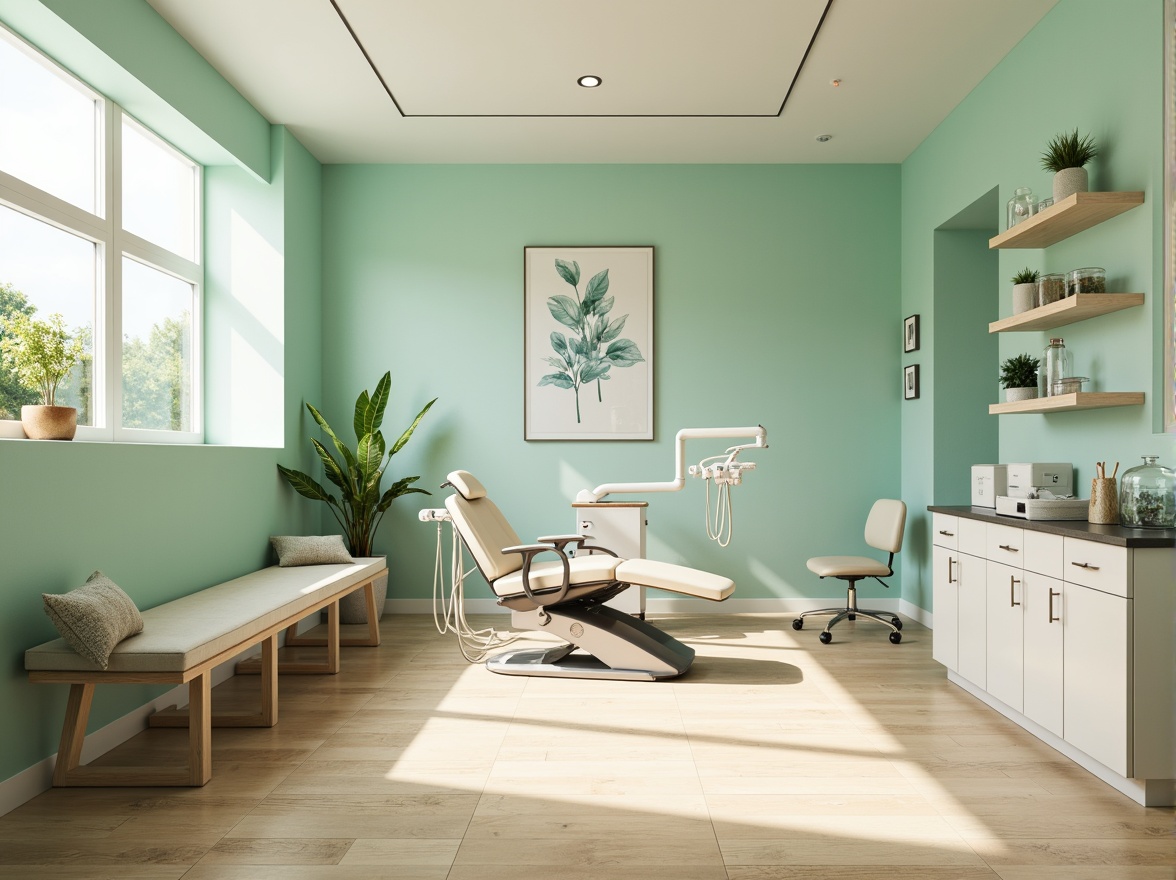 Prompt: Calming dental clinic, soft mint green walls, creamy white furniture, warm beige floors, gentle blue accents, soothing ambient lighting, natural wood textures, minimalist decor, modern sleek equipment, sterile stainless steel surfaces, comfortable patient chairs, calming nature-inspired artwork, serene waiting area, peaceful atmosphere, shallow depth of field, 1/1 composition, realistic renderings, subtle gradient effects.