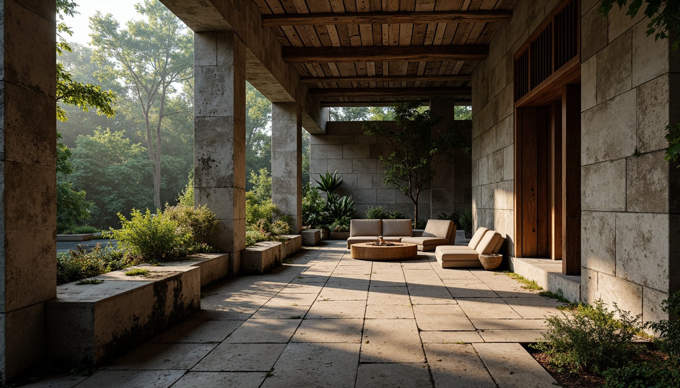 Prompt: Rugged pavilion, brutalist architecture, rough-hewn stone walls, exposed concrete columns, weathered wooden accents, industrial metal beams, distressed finishes, tactile roughness, organic natural forms, earthy color palette, moss-covered surfaces, overgrown vegetation, dramatic shadows, high-contrast lighting, cinematic atmosphere, 1/2 composition, low-angle shot, gritty realistic textures, ambient occlusion.