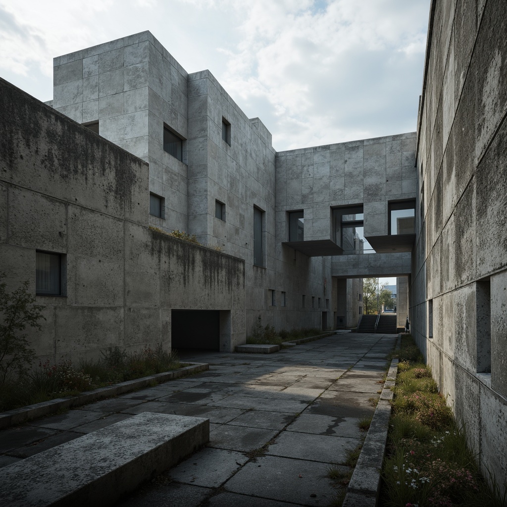 Prompt: Rough-hewn concrete walls, rugged stone textures, brutalist architecture, fortress-like structures, imposing fa\u00e7ades, geometric shapes, raw industrial materials, distressed finishes, urban landscapes, overcast skies, dramatic shadows, high-contrast lighting, cinematic composition, gritty realistic renderings, atmospheric misting effects.