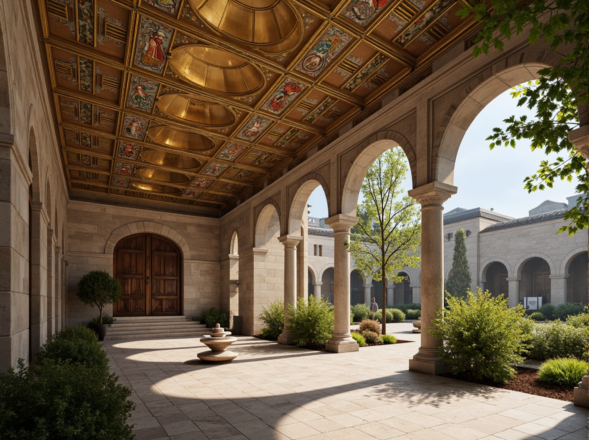 Prompt: Intricate stone carvings, ornate golden domes, majestic archways, grand entrance gates, rustic wooden doors, vibrant mosaic patterns, richly textured stonework, Byzantine-inspired frescoes, serene courtyard gardens, tranquil fountain features, soft warm lighting, shallow depth of field, 3/4 composition, panoramic view, realistic textures, ambient occlusion.