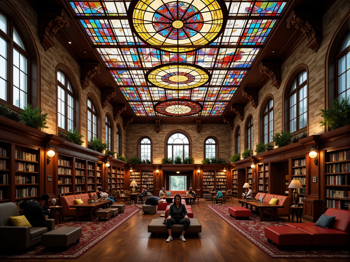 Prompt: Vibrant stained glass ceiling, colorful geometric patterns, warm natural light, cozy reading nooks, wooden bookshelves, comfortable seating areas, quiet study spaces, elegant architectural details, ornate metal frames, rich cultural heritage, spiritual ambiance, soft diffused lighting, 1/1 composition, realistic textures, ambient occlusion.