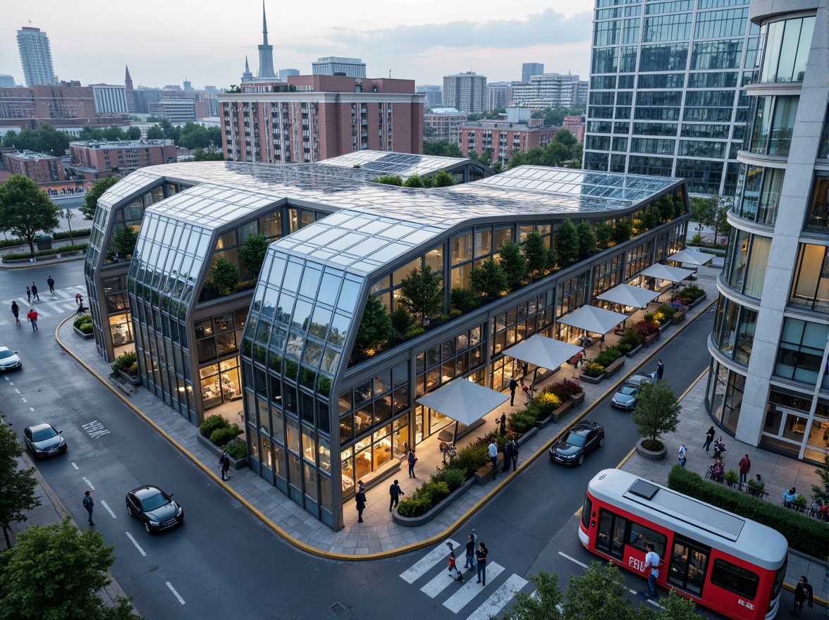 Prompt: Futuristic tram station, curved glass facade, dynamic LED lighting, sleek metal frames, cantilevered roofs, green walls, urban landscape, busy streets, modern architecture, angular lines, minimalist design, sustainable energy solutions, solar panels, wind turbines, water conservation systems, eco-friendly materials, innovative cooling technologies, shaded outdoor spaces, misting systems, vibrant colorful textiles, intricate geometric motifs, panoramic view, realistic textures, ambient occlusion.