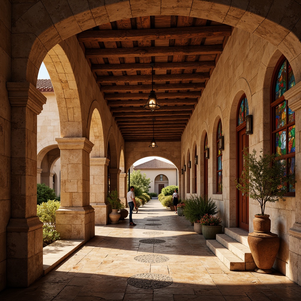 Prompt: Warm earthy tones, rustic stone walls, terracotta rooftops, ornate carvings, grand archways, vibrant stained glass windows, rich wood accents, intricate mosaics, soft warm lighting, shallow depth of field, 1/1 composition, realistic textures, ambient occlusion.