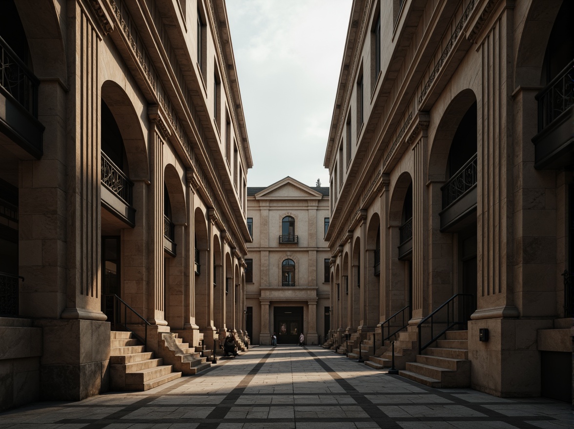 Prompt: Monumental buildings, imposing structures, robust columns, sturdy arches, grand entrances, ornate facades, symmetrical compositions, classical proportions, harmonious massing, balanced forms, natural stone materials, rough-hewn textures, earthy color palette, dramatic lighting effects, deep shadows, atmospheric perspective, 1/2 composition, low-angle view, cinematic mood.