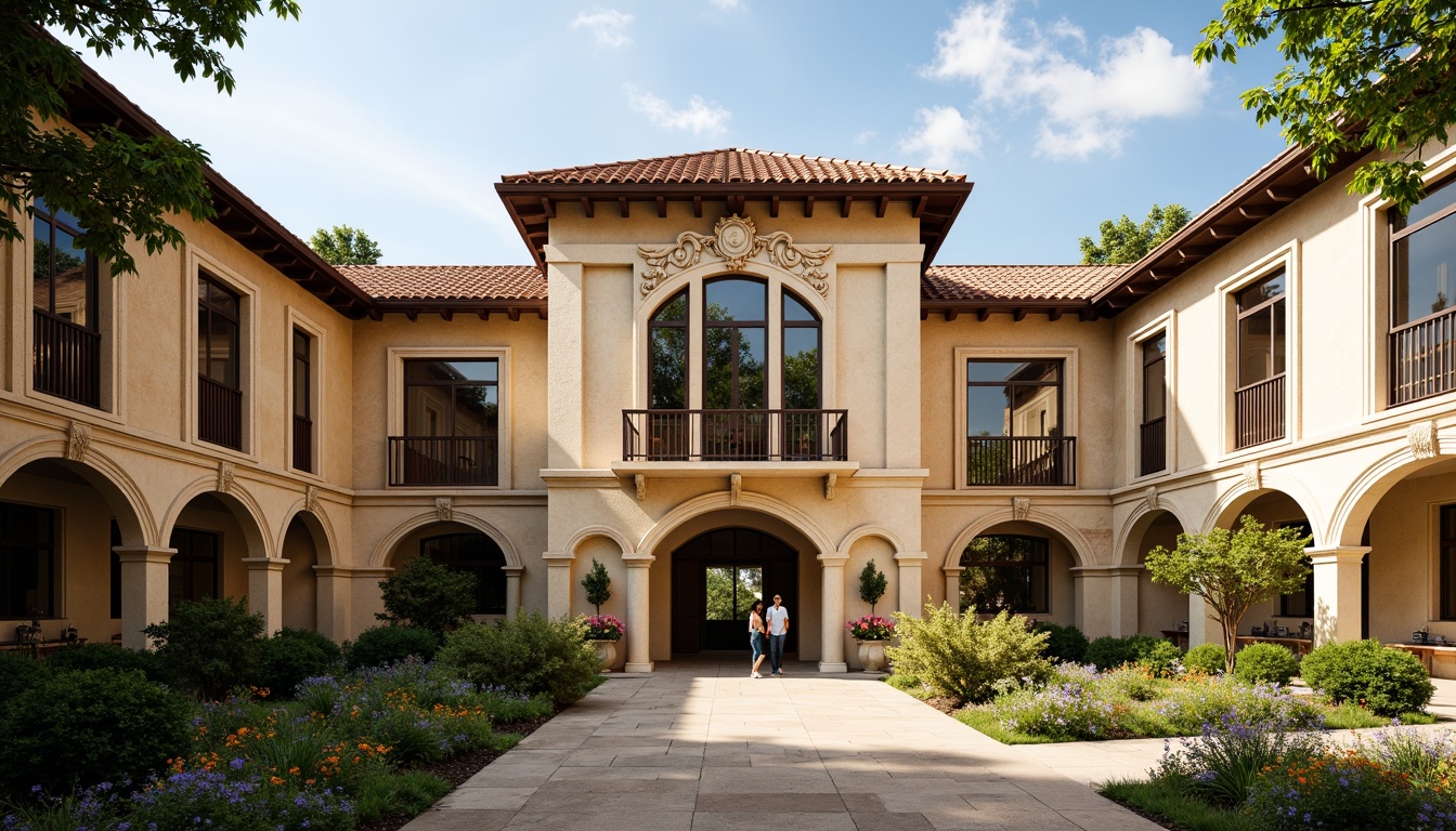 Prompt: Renaissance-style high school facade, ornate stone carvings, grand entrance archways, symmetrical composition, classical columns, rusticated bases, decorative cornices, terracotta roof tiles, warm beige stonework, elegant balconies, intricate metal railings, lush greenery, blooming flowers, sunny day, soft warm lighting, shallow depth of field, 3/4 composition, panoramic view, realistic textures, ambient occlusion.