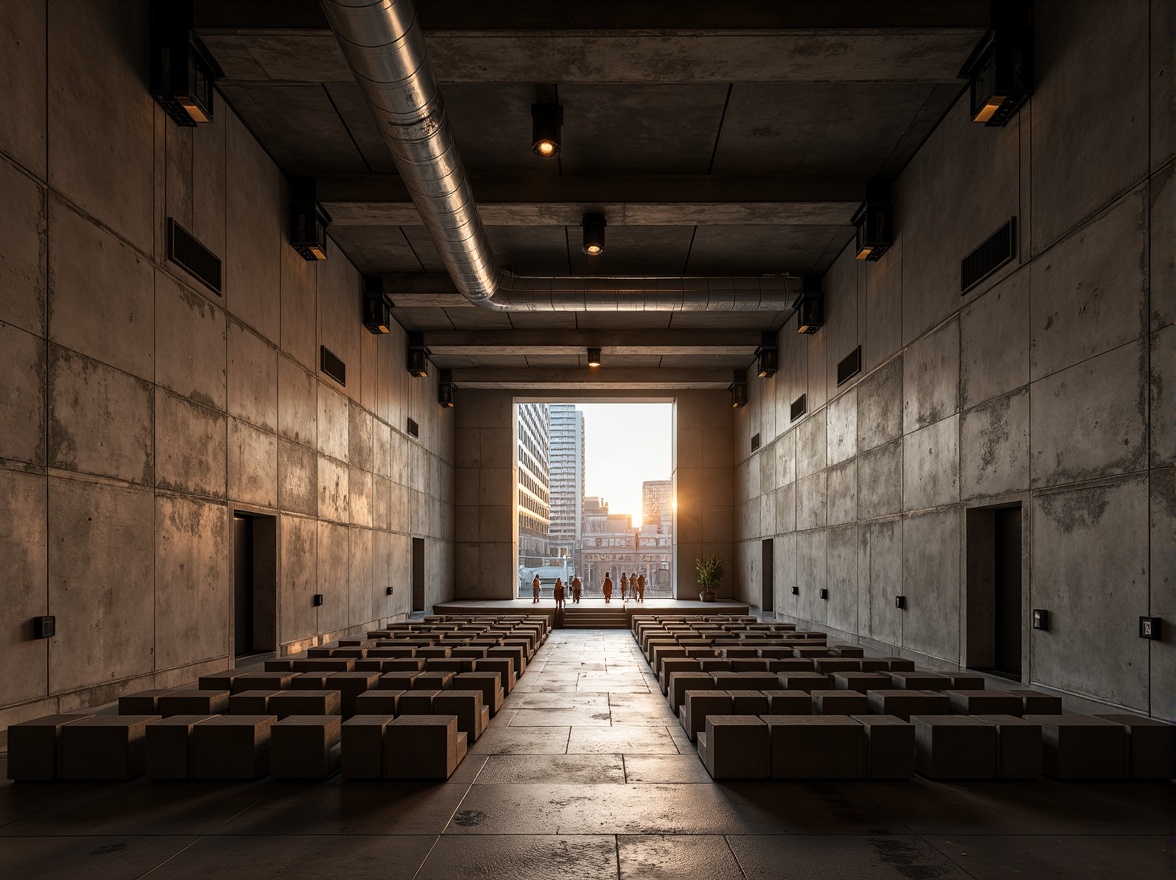 Prompt: Raw concrete walls, exposed ductwork, industrial metal beams, minimalist seating, avant-garde stage design, dramatic spotlights, reverberant sound reflections, echoey ambiance, brutalist architecture, angular lines, monochromatic color scheme, urban cityscape, evening atmosphere, warm golden lighting, shallow depth of field, 1/2 composition, symmetrical framing, high-contrast textures, ambient occlusion.