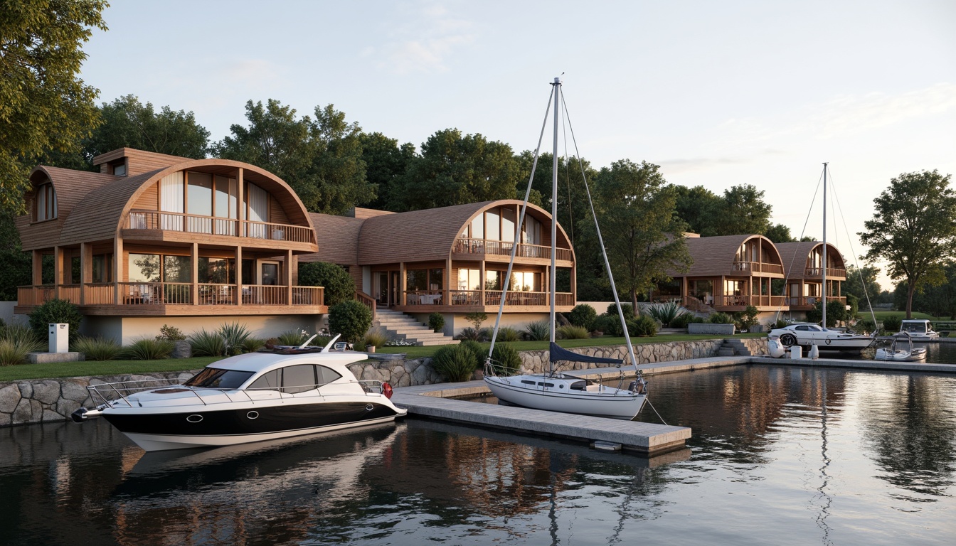 Prompt: Waterfront location, serene lake views, wooden dock, sailboats, curvilinear rooflines, undulating fa\u00e7ades, nautical-themed decorations, rustic wood accents, natural stone foundations, glass-enclosed living areas, modern minimalist interiors, soft warm lighting, shallow depth of field, 1/1 composition, realistic water reflections, ambient occlusion, organic shapes, fluid lines, dynamic forms, harmonious proportions.