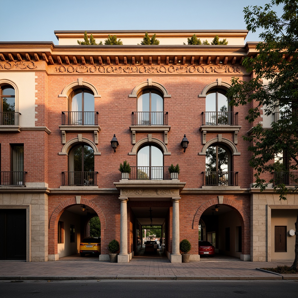 Prompt: Renaissance-style building facade, ornate brick patterns, rustic red brick walls, arched windows, classical columns, ornamental cornices, grand entranceways, symmetrical composition, warm golden lighting, shallow depth of field, 1/1 aspect ratio, realistic textures, ambient occlusion.