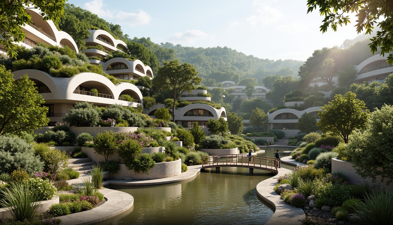 Prompt: Organic blob-shaped buildings, curved lines, futuristic architecture, lush green roofs, verdant walls, natural stone foundations, winding water features, serene ponds, walking trails, wooden bridges, vibrant flower arrangements, native plant species, warm sunny day, soft diffused lighting, shallow depth of field, 3/4 composition, panoramic view, realistic textures, ambient occlusion.