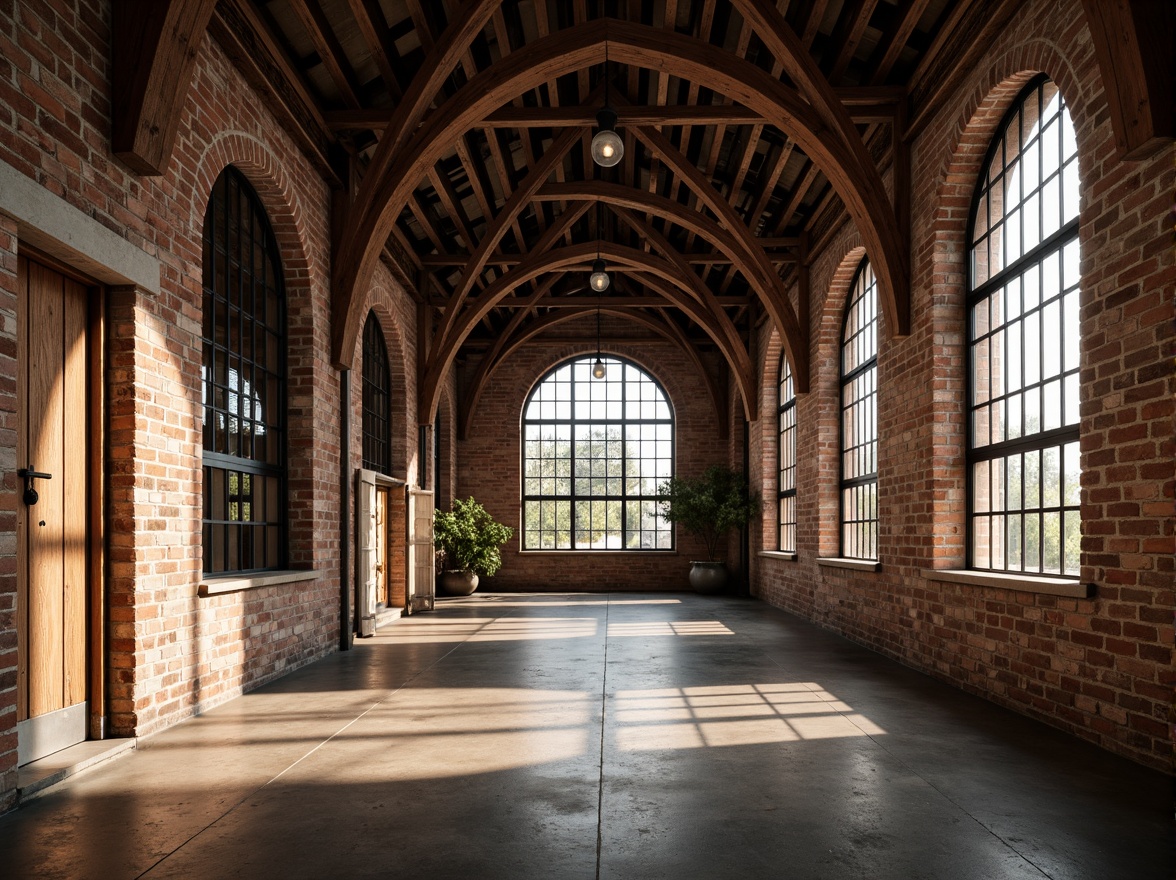 Prompt: Rustic warehouse interior, Romanesque arches, exposed brick walls, wooden beam ceilings, industrial metal frames, innovative windows with ornate ironwork, stained glass details, warm natural lighting, atmospheric shadows, 1/1 composition, shallow depth of field, realistic textures, ambient occlusion.