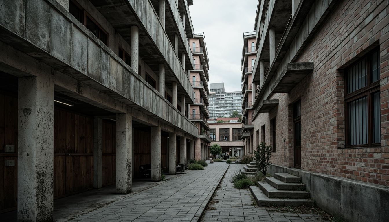 Prompt: Rough concrete walls, exposed ductwork, industrial metal beams, raw brick facades, brutalist fortress-like structures, rugged stone foundations, distressed wood accents, weathered steel surfaces, urban cityscape backdrop, overcast skies, dramatic shadows, high-contrast lighting, cinematic composition, gritty realistic textures, ambient occlusion.