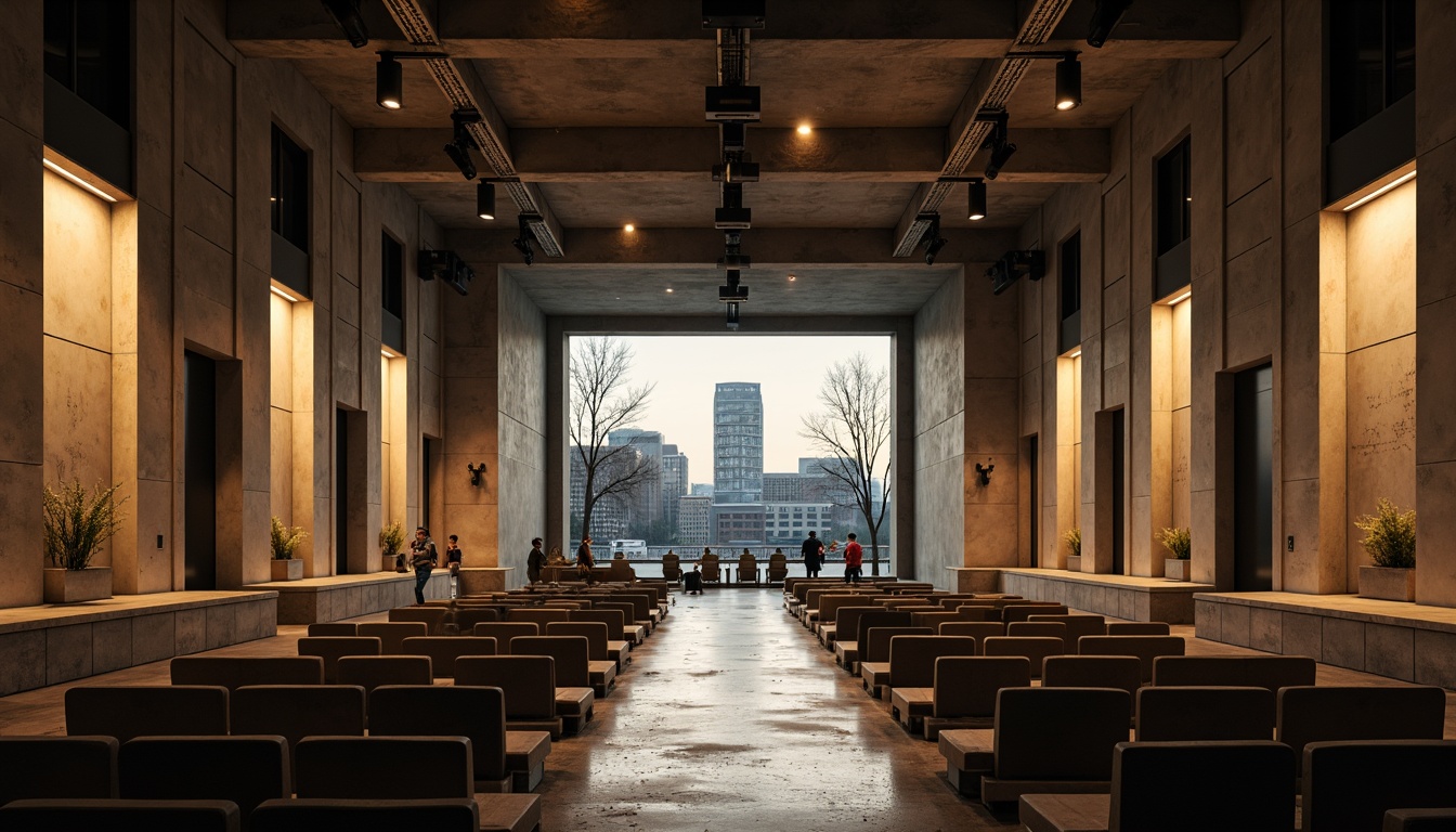 Prompt: Raw concrete walls, exposed ductwork, industrial metal beams, minimalist seating, avant-garde stage design, dramatic spotlights, reverberant sound reflections, echoey ambiance, brutalist architecture, angular lines, monochromatic color scheme, urban cityscape, evening atmosphere, warm golden lighting, shallow depth of field, 1/2 composition, symmetrical framing, high-contrast textures, ambient occlusion.