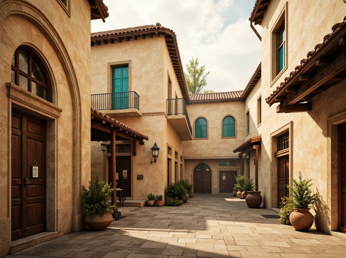 Prompt: Ancient Romanesque architecture, warm beige stone walls, rustic terracotta roofs, ornate carvings, grand archways, vibrant turquoise accents, earthy brown wooden doors, weathered copper details, soft golden lighting, misty morning atmosphere, shallow depth of field, 1/2 composition, realistic textures, ambient occlusion.