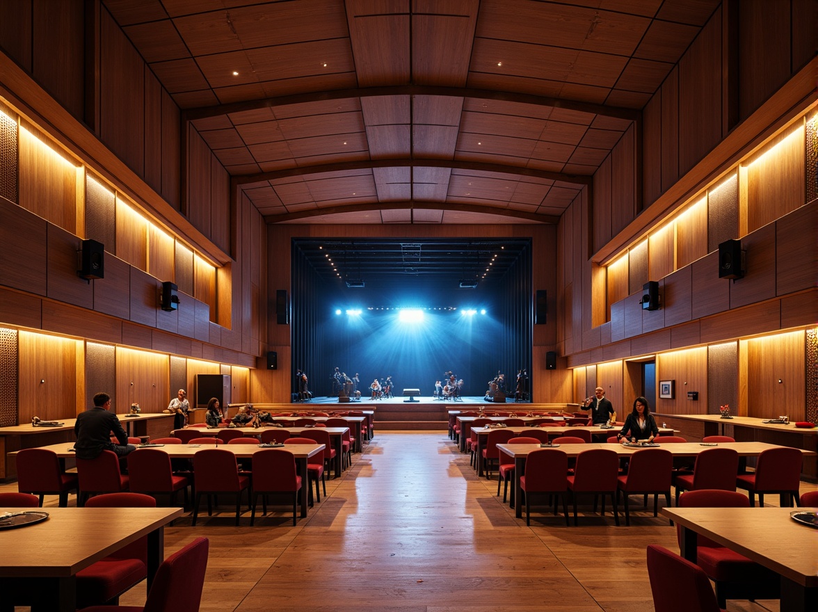 Prompt: Futuristic concert hall, sleek curved lines, polished wooden floors, sound-absorbing panels, state-of-the-art speakers, advanced audio equipment, minimalist stage design, dramatic lighting effects, vibrant color scheme, luxurious seating areas, intimate performance spaces, high ceilings, open architecture, natural ventilation systems, warm ambient lighting, shallow depth of field, 1/1 composition, realistic textures, ambient occlusion.