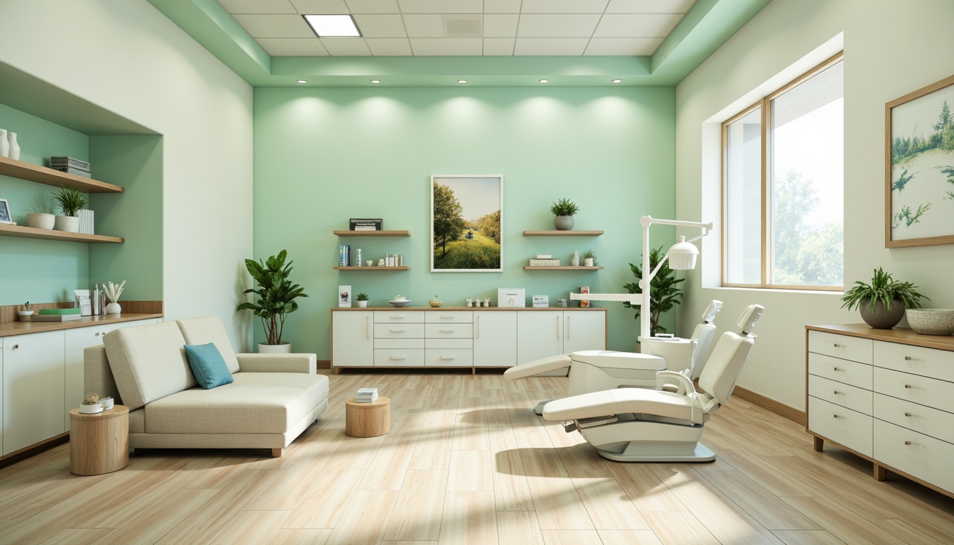 Prompt: Calming dental clinic, soft mint green walls, creamy white furniture, warm beige floors, gentle blue accents, soothing ambient lighting, natural wood textures, minimalist decor, modern sleek equipment, sterile stainless steel surfaces, comfortable patient chairs, calming nature-inspired artwork, serene waiting area, peaceful atmosphere, shallow depth of field, 1/1 composition, realistic renderings, subtle gradient effects.