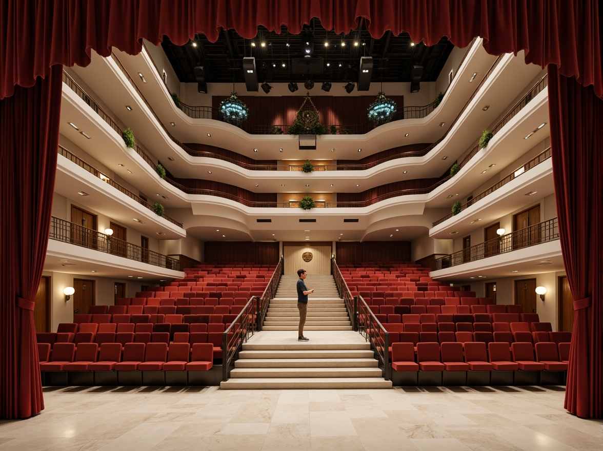 Prompt: Simple opera house interior, minimalist decor, neutral color palette, sleek lines, marble floors, grand staircase, luxurious chandeliers, velvet curtains, intimate seating areas, low-key lighting, subtle textures, elegant balconies, ornate railings, refined acoustic panels, sophisticated sound systems, dramatic spotlights, 1/1 composition, shallow depth of field, soft warm glow, realistic reflections.