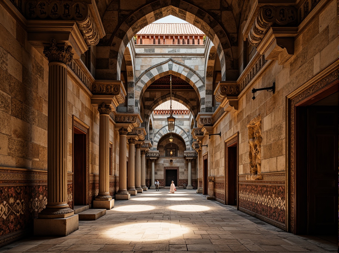 Prompt: Intricate stone carvings, ornate domes, grand archways, vibrant mosaics, golden accents, rustic terracotta tiles, weathered copper roofing, aged stone walls, mystical ambiance, soft warm lighting, dramatic shadows, 1/1 composition, low-angle shot, realistic textures, ambient occlusion.