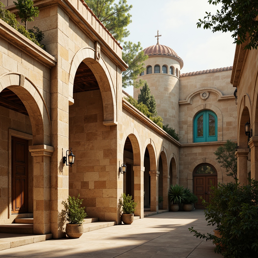 Prompt: Ancient Romanesque architecture, warm beige stone walls, rustic terracotta roofs, ornate carvings, grand archways, vibrant turquoise accents, earthy brown wooden doors, weathered copper details, soft golden lighting, misty morning atmosphere, shallow depth of field, 1/2 composition, realistic textures, ambient occlusion.