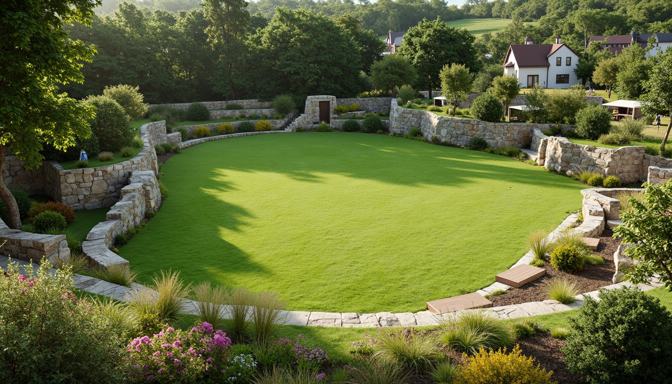 Prompt: Natural sports field, lush green grass, organic curves, undulating terrain, meandering pathways, native plant species, wildflowers, rustic wooden benches, weathered stone walls, earthy tones, natural materials, blending with surroundings, seamless transitions, soft warm lighting, shallow depth of field, 3/4 composition, panoramic view, realistic textures, ambient occlusion.