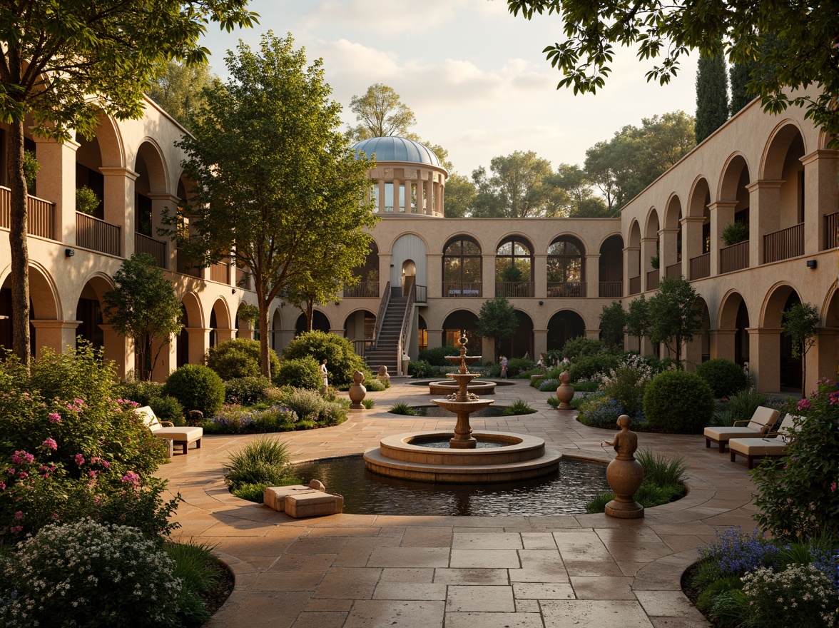 Prompt: Lush Italian gardens, ornate fountains, grand staircases, Tuscan columns, archways, domed roofs, rustic stone walls, vine-covered trellises, blooming flowers, serene water features, natural stone pathways, classical sculptures, Baroque-inspired ornaments, warm golden lighting, soft focus, 1/2 composition, atmospheric perspective, realistic textures, ambient occlusion.