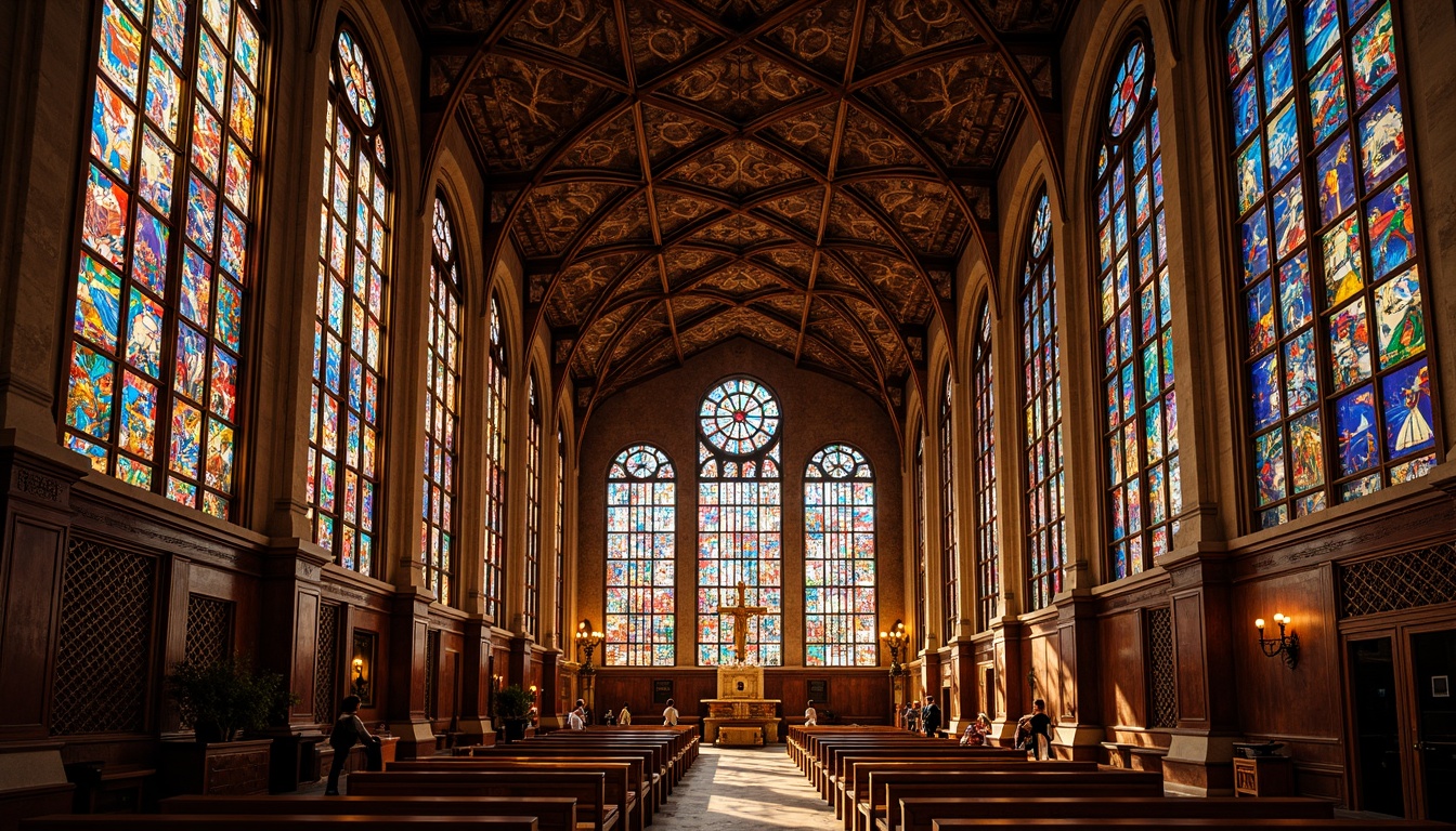 Prompt: Vibrant stained glass windows, rich jewel-toned mosaics, warm golden lighting, ornate intricate patterns, grandiose cathedral ceilings, modern minimalist chapels, sleek metal accents, sacred geometric symbols, bold contrasting colors, dramatic shadows, soft ambient illumination, 1/1 composition, symmetrical framing, realistic textures, subtle atmospheric effects.