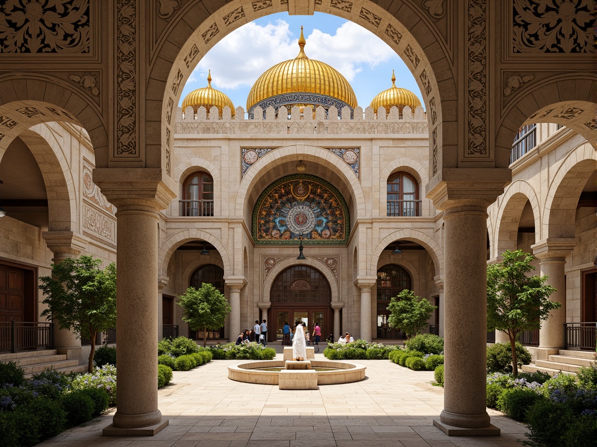 Prompt: Intricate stone carvings, ornate golden domes, majestic archways, grand entrance gates, rustic wooden doors, vibrant mosaic patterns, richly textured stonework, Byzantine-inspired frescoes, serene courtyard gardens, tranquil fountain features, soft warm lighting, shallow depth of field, 3/4 composition, panoramic view, realistic textures, ambient occlusion.