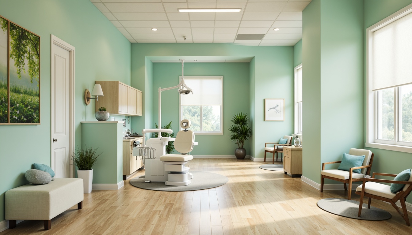 Prompt: Calming dental clinic, soft mint green walls, creamy white furniture, warm beige floors, gentle blue accents, soothing ambient lighting, natural wood textures, minimalist decor, modern sleek equipment, sterile stainless steel surfaces, comfortable patient chairs, calming nature-inspired artwork, serene waiting area, peaceful atmosphere, shallow depth of field, 1/1 composition, realistic renderings, subtle gradient effects.