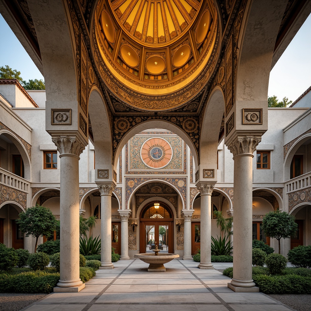 Prompt: Intricate stone carvings, ornate golden domes, majestic archways, grand entrance gates, rustic wooden doors, vibrant mosaic patterns, richly textured stonework, Byzantine-inspired frescoes, serene courtyard gardens, tranquil fountain features, soft warm lighting, shallow depth of field, 3/4 composition, panoramic view, realistic textures, ambient occlusion.