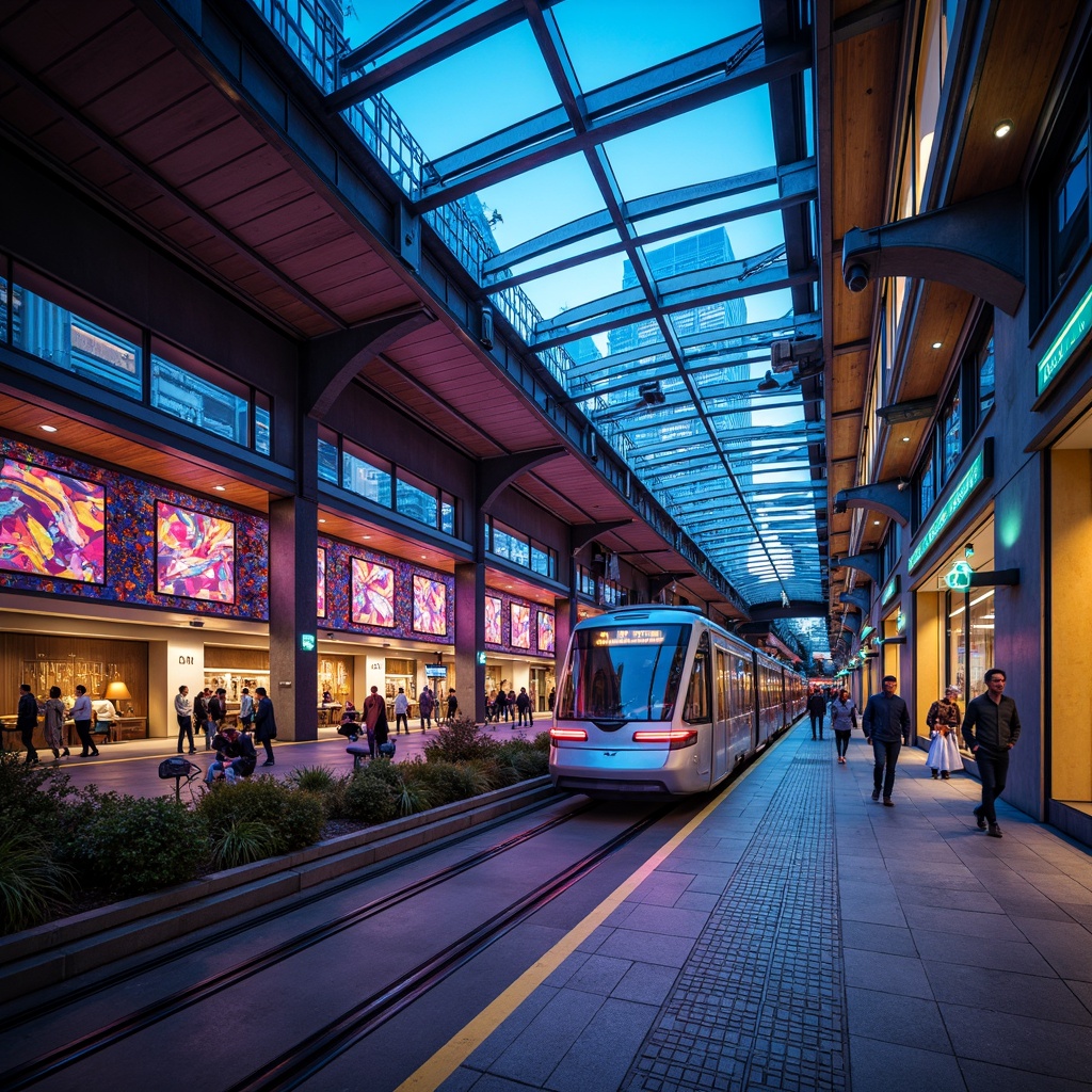 Prompt: Vibrant tram station, modern architecture, sleek metal beams, glass roofs, LED light installations, colorful neon signs, futuristic ambiance, dynamic lighting effects, warm glow, soft shadows, urban cityscape, busy pedestrian traffic, rush hour atmosphere, evening commute, subtle misting systems, polished concrete floors, stainless steel handrails, minimalist benches, abstract art installations, geometric patterns, ambient occlusion, shallow depth of field, 3/4 composition, panoramic view.