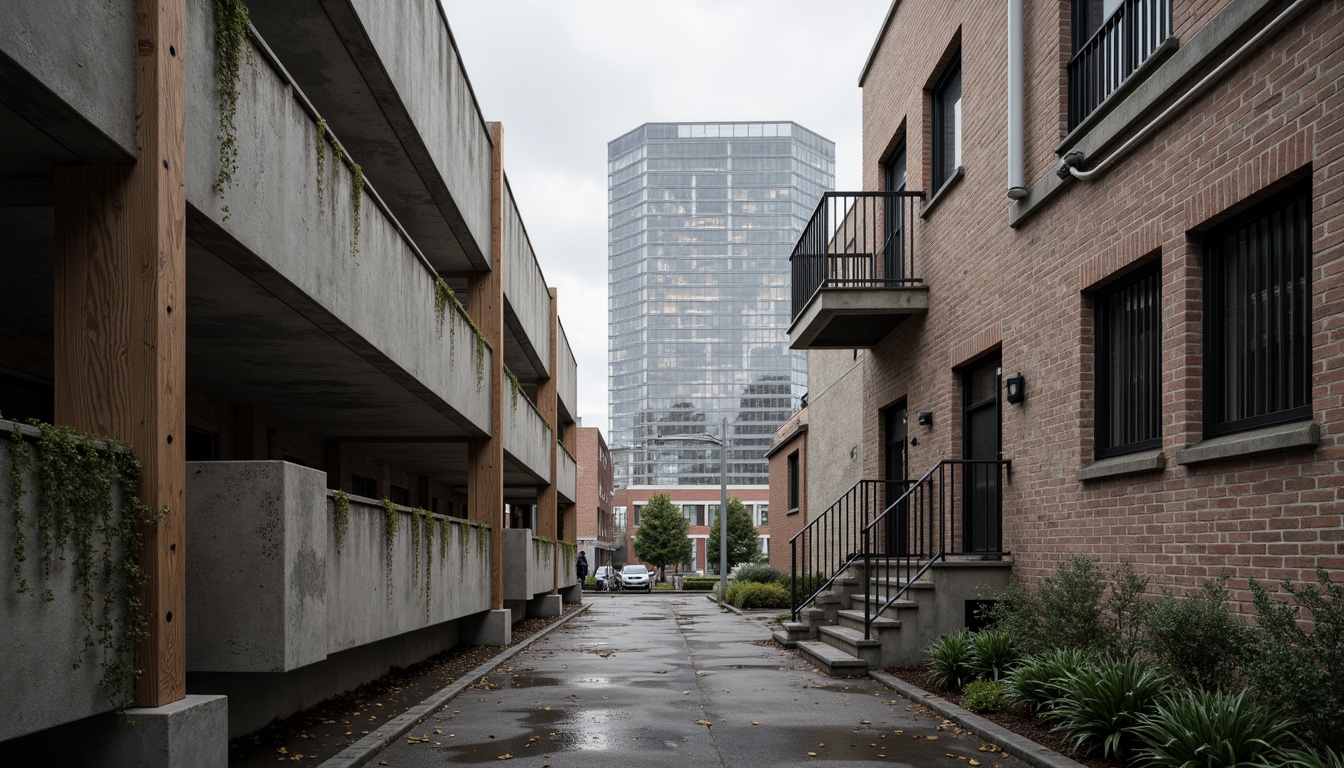 Prompt: Rough concrete walls, exposed ductwork, industrial metal beams, raw brick facades, distressed wood accents, brutalist fortress-like structures, rugged stone foundations, cold steel railings, minimalist ornamentation, functional simplicity, urban cityscape, overcast skies, dramatic shadows, high-contrast lighting, 1/1 composition, symmetrical framing, realistic material textures, ambient occlusion.