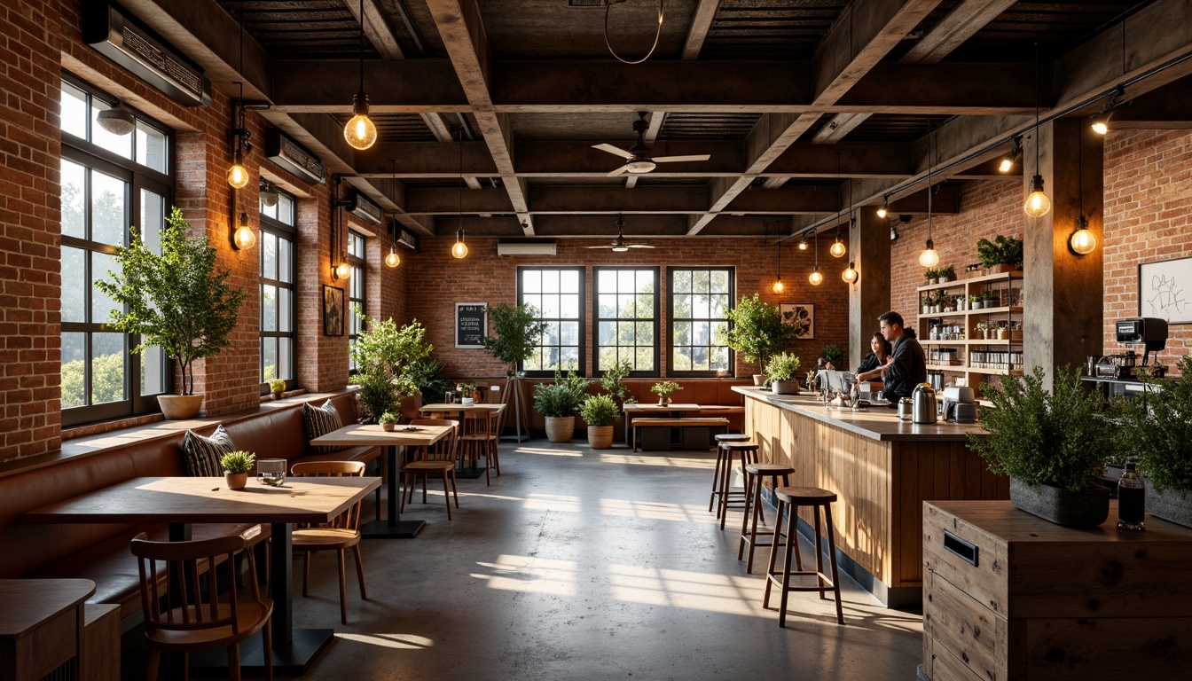 Prompt: Cozy coffee shop interior, warm wooden accents, industrial metal beams, exposed brick walls, comfortable seating areas, pendant lamps, Edison bulbs, soft warm lighting, layered lighting effects, ambient glow, natural textures, reclaimed wood tables, vintage decorative items, lush greenery, living walls, modern minimalist decor, urban loft atmosphere, morning sunlight, soft shadows, 1/1 composition, realistic renderings, subtle color grading.