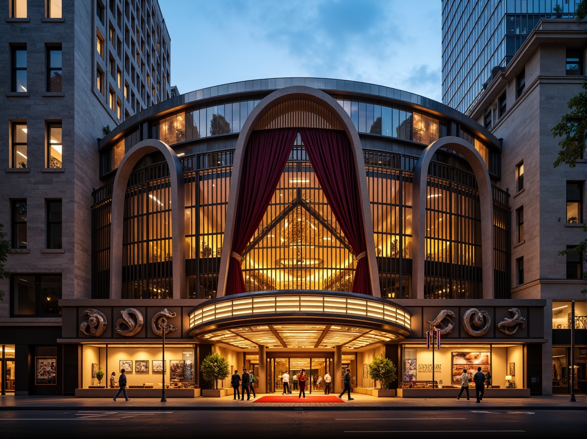 Prompt: Curved theater facade, streamline moderne architecture, metallic materials, polished chrome accents, geometric patterns, abstract sculptures, urban cityscape, evening ambient lighting, warm golden glow, shallow depth of field, 1/1 composition, symmetrical balance, ornate details, luxurious textiles, velvet curtains, grand entrance, red carpet, spotlights, dramatic shadows, cinematic atmosphere.