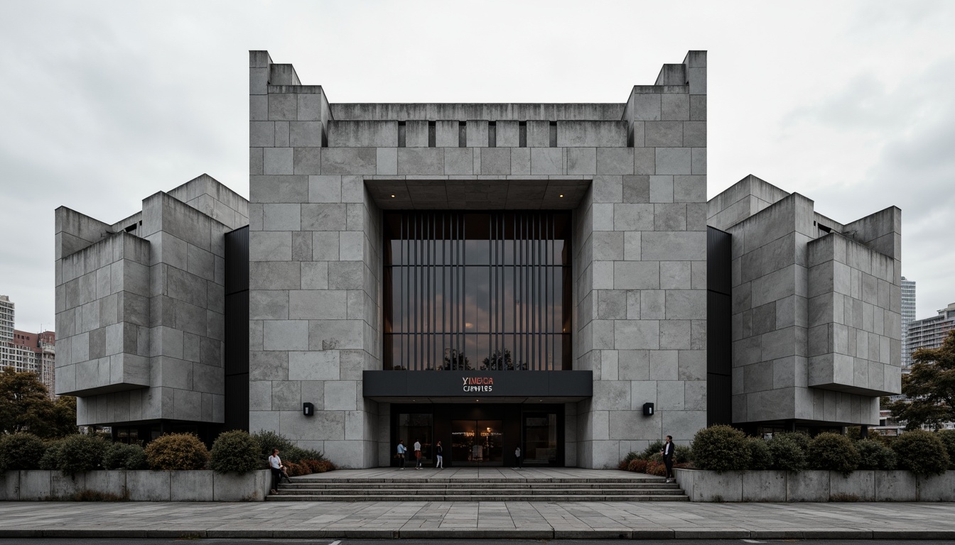 Prompt: Rugged concert house facade, brutalist architecture style, raw concrete textures, fortress-like structure, asymmetrical composition, dramatic cantilevered roofs, industrial metal accents, minimalist ornamentation, bold geometric forms, monochromatic color scheme, urban cityscape background, cloudy overcast sky, high-contrast lighting, deep shadows, 1/2 composition, cinematic camera angle, gritty realistic rendering.