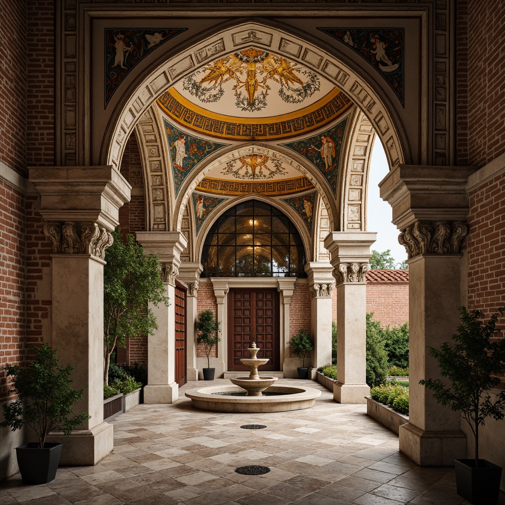 Prompt: Intricate stone carvings, ornate arches, grand domes, golden mosaics, vibrant frescoes, rustic brick walls, weathered wooden doors, ornamental ironwork, mystical symbols, serene courtyard, lush greenery, tranquil fountain, soft warm lighting, shallow depth of field, 3/4 composition, panoramic view, realistic textures, ambient occlusion.