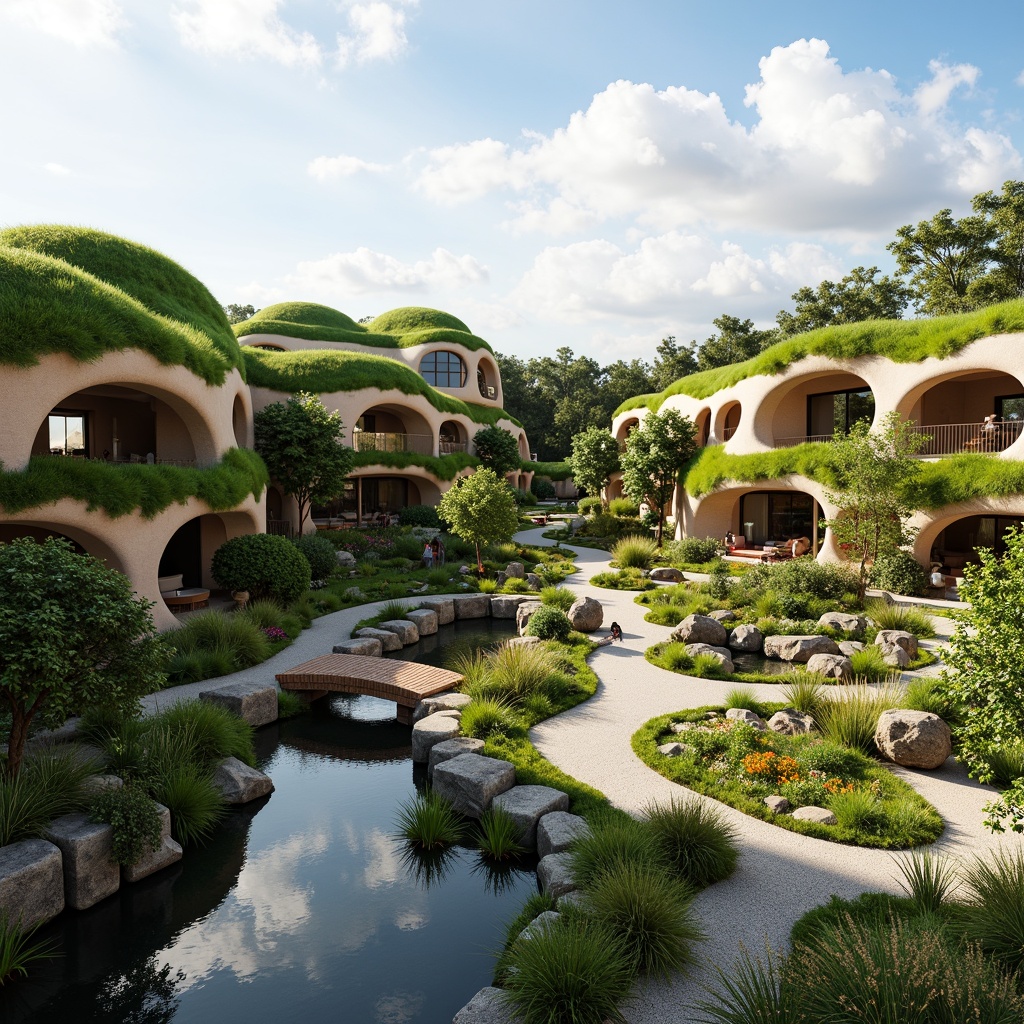 Prompt: Organic blob-shaped buildings, curved lines, futuristic architecture, lush green roofs, verdant walls, natural stone foundations, winding water features, serene ponds, walking trails, wooden bridges, vibrant flower arrangements, native plant species, warm sunny day, soft diffused lighting, shallow depth of field, 3/4 composition, panoramic view, realistic textures, ambient occlusion.