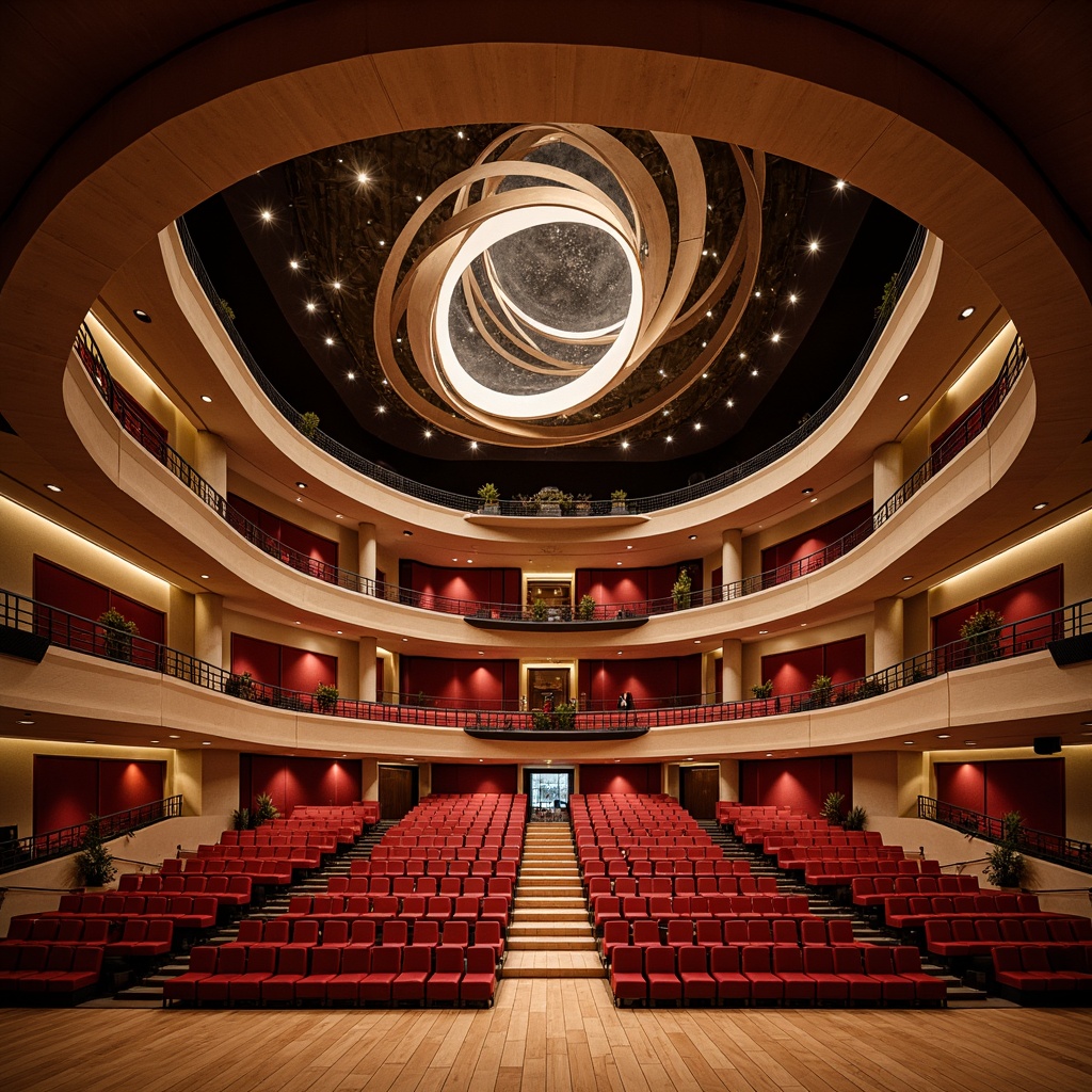 Prompt: Undulating curves, sweeping arches, grand auditorium, plush red seats, ornate balconies, intricate moldings, polished wooden floors, dramatic spotlights, soft warm glow, shallow depth of field, 1/2 composition, symmetrical architecture, luxurious textiles, richly patterned carpets, acoustic panels, state-of-the-art sound systems, futuristic lighting designs, dynamic ceiling installations, flowing staircases, grand entrance lobbies.