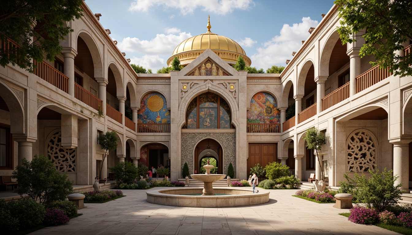 Prompt: Intricate stone carvings, ornate golden domes, majestic archways, grand entrance gates, rustic wooden doors, vibrant mosaic patterns, richly textured stonework, Byzantine-inspired frescoes, serene courtyard gardens, tranquil fountain features, soft warm lighting, shallow depth of field, 3/4 composition, panoramic view, realistic textures, ambient occlusion.