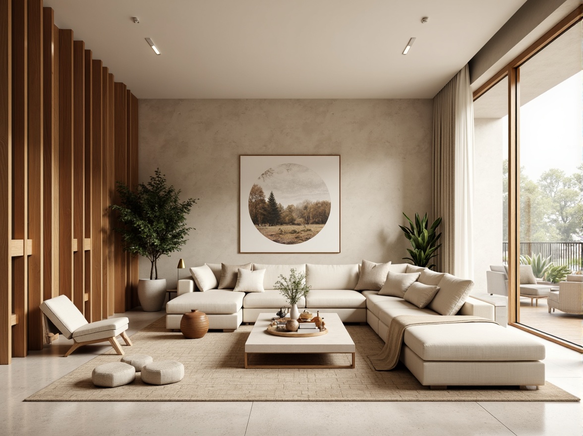 Prompt: Soft Gainsboro walls, warm beige accents, rich wood tones, creamy whites, subtle earthy undertones, natural stone textures, minimalist decor, modern Scandinavian furniture, floor-to-ceiling windows, abundant softbox lighting, shallow depth of field, 1/1 composition, realistic renderings, ambient occlusion.