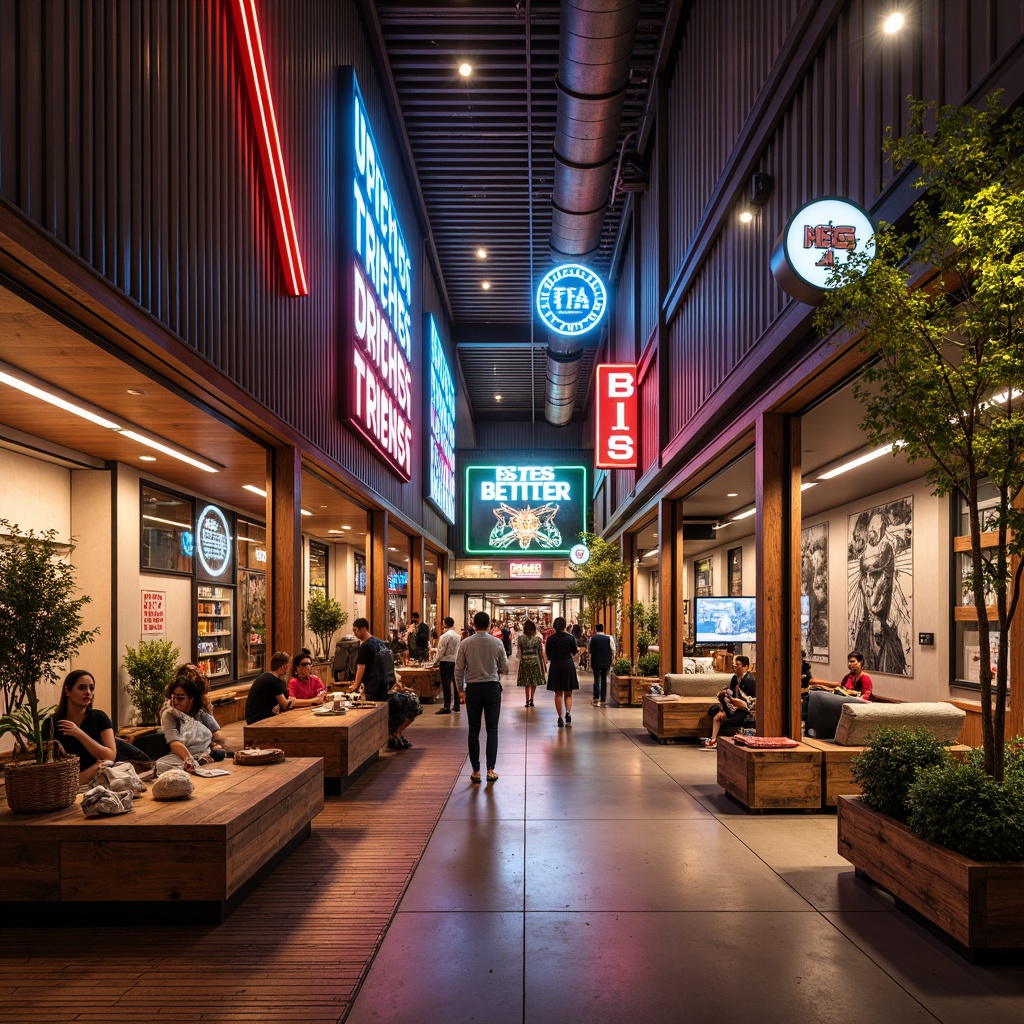 Prompt: Retro-futuristic shopping mall, corrugated iron fa\u00e7ade, industrial chic aesthetic, exposed ductwork, polished concrete floors, neon signage, vibrant color schemes, eclectic mix of textures, distressed wood accents, reclaimed metal decorations, urban graffiti, bustling atmosphere, warm softbox lighting, shallow depth of field, 1/2 composition, cinematic framing, realistic reflections, ambient occlusion.