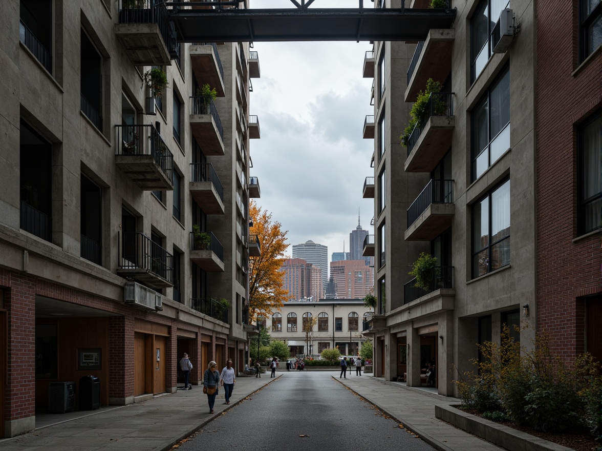 Prompt: Rough concrete walls, exposed ductwork, industrial metal beams, raw brick facades, brutalist fortress-like structures, rugged stone foundations, distressed wood accents, weathered steel surfaces, urban cityscape backdrop, overcast skies, dramatic shadows, high-contrast lighting, cinematic composition, gritty realistic textures, ambient occlusion.