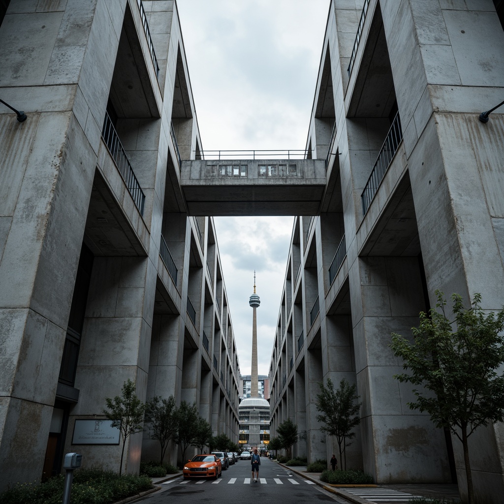 Prompt: Massive concrete forms, brutalist architecture, industrial distribution center, rugged textures, exposed ductwork, raw steel beams, functional minimalism, urban cityscape, overcast skies, dramatic shadows, high-contrast lighting, cinematic composition, symmetrical framing, bold geometric shapes, reinforced materials, utilitarian aesthetic, functional simplicity, mechanized systems, metallic accents, distressed finishes, monumental scale, imposing presence, atmospheric misting.