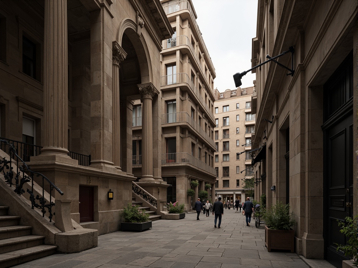 Prompt: Monumental buildings, imposing structures, robust columns, sturdy arches, grand entrances, ornate facades, symmetrical compositions, classical proportions, harmonious massing, balanced forms, natural stone materials, rough-hewn textures, earthy color palette, dramatic lighting effects, deep shadows, atmospheric perspective, 1/2 composition, low-angle view, cinematic mood.