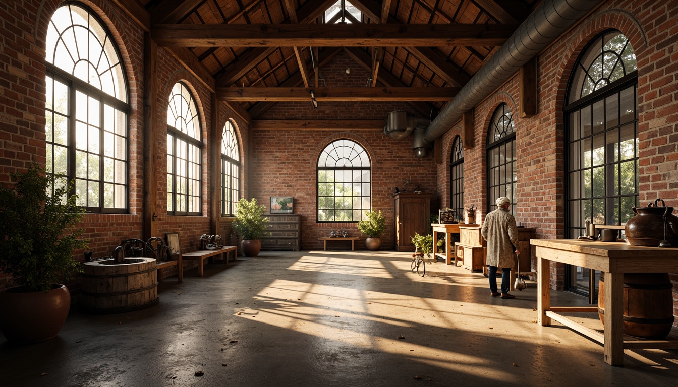 Prompt: Rustic warehouse interior, exposed brick walls, wooden beam ceilings, industrial metal frames, innovative windows with Romanesque arches, stained glass panels, ornate ironwork details, warm golden lighting, shallow depth of field, 1/1 composition, realistic textures, ambient occlusion, distressed wood accents, vintage machinery displays, eclectic decorative artifacts, earthy color palette, soft natural light, atmospheric misting effects.