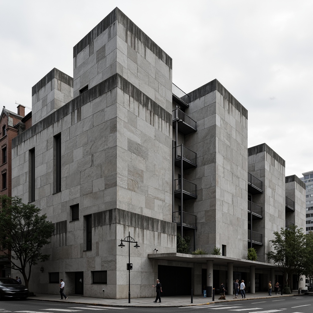 Prompt: Rugged concert house facade, brutalist architecture style, raw concrete textures, fortress-like structure, asymmetrical composition, dramatic cantilevered roofs, industrial metal accents, minimalist ornamentation, bold geometric forms, monochromatic color scheme, urban cityscape background, cloudy overcast sky, high-contrast lighting, deep shadows, 1/2 composition, cinematic camera angle, gritty realistic rendering.